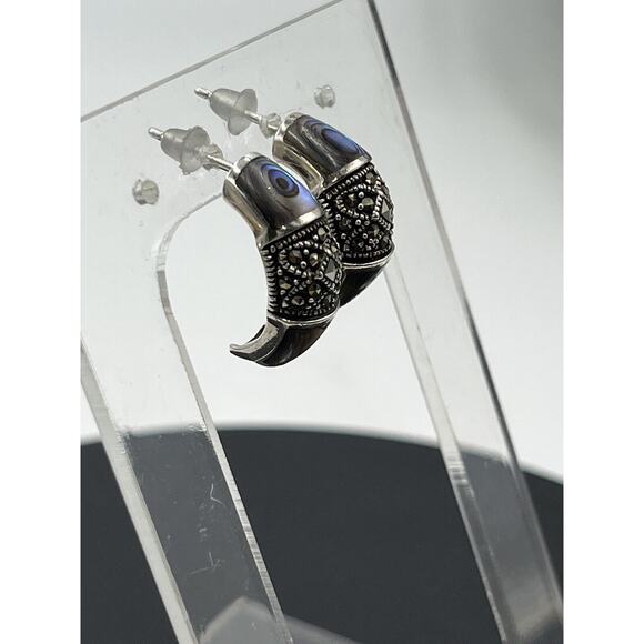 FAS DESIGNER Abalone & Marcasite 925 J-Hoop Post Pierced Earrings 5.30g - Picture 2 of 11